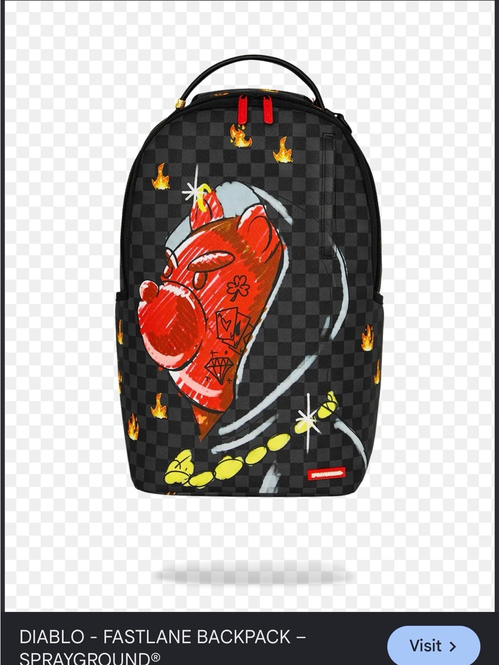 Sprayground Black Checkerboard Backpack with Red Diablo Graphic